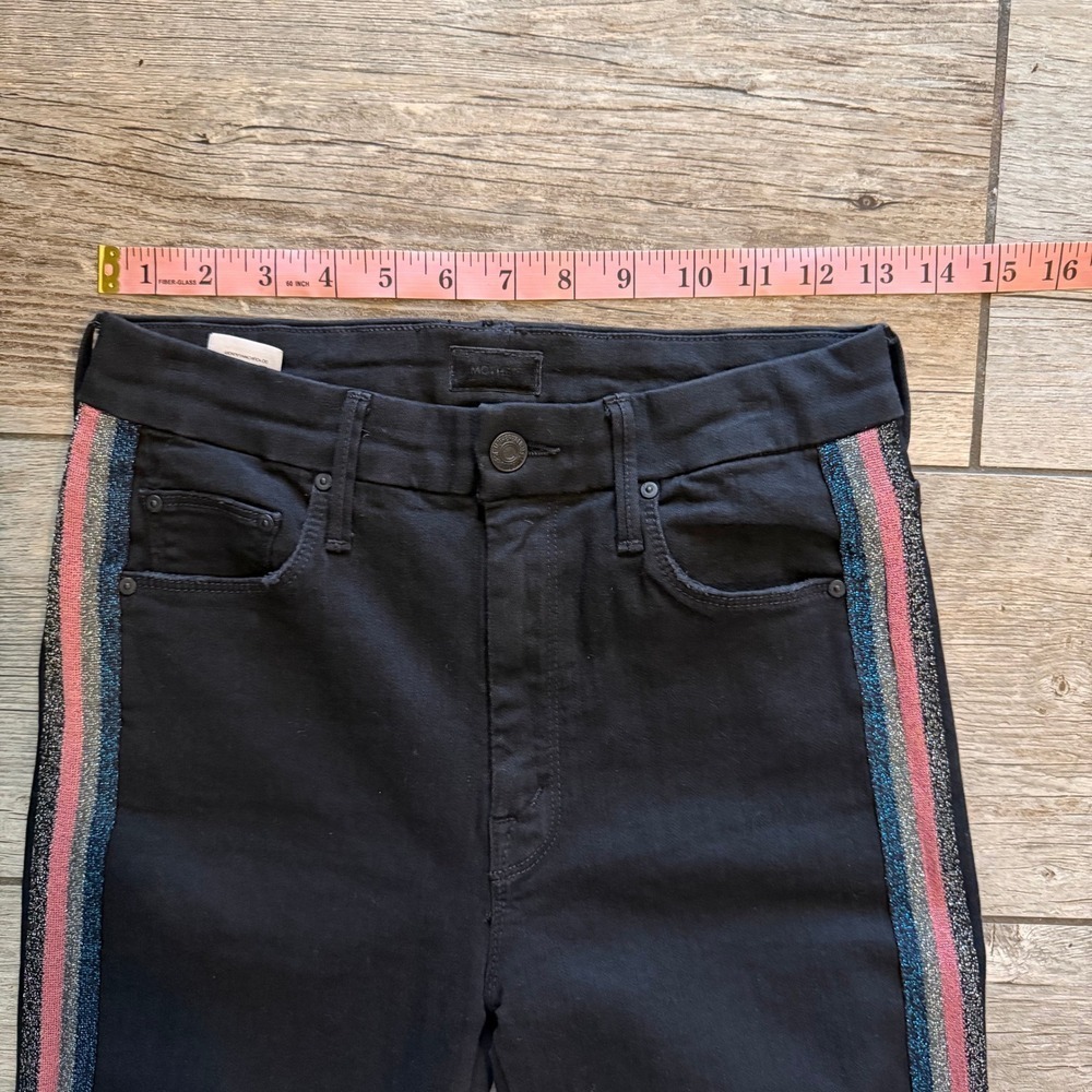 MOTHER Black High Rise Jeans Metallic Stripe Raw Hem Womens Size 27 - Picture 9 of 10
